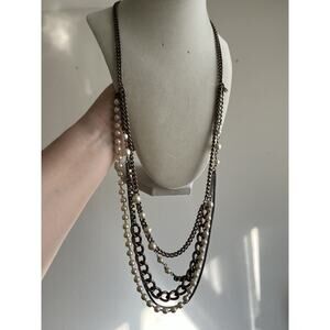 J. Crew Antique Bronze Metal Faux Pearl Multi-strand Long Necklace 32” Chunky